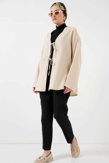Leinenmischung Langarm-Kimono mit Bindedetail - Image 2