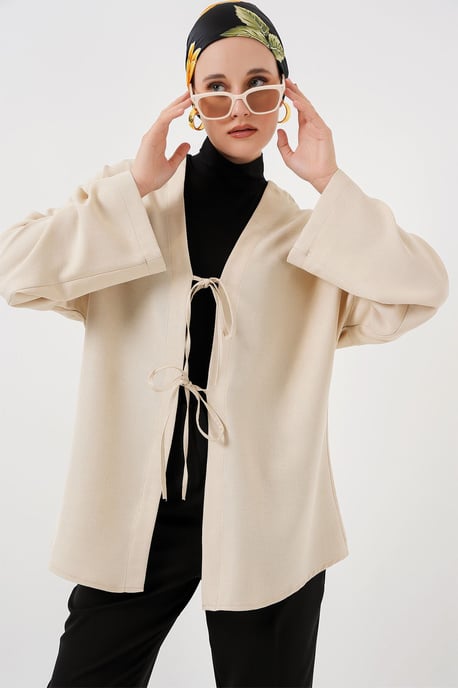 Leinenmischung Langarm-Kimono mit Bindedetail - Image 3