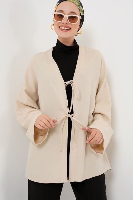 Leinenmischung Langarm-Kimono mit Bindedetail - Image 4