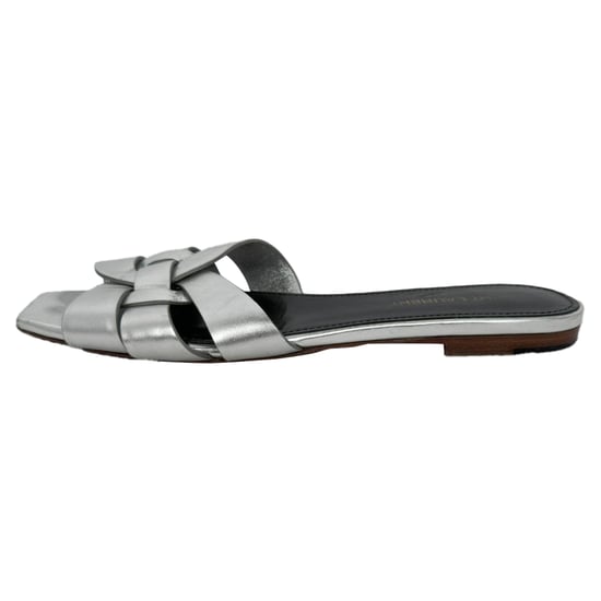 Saint Laurent Tribute Geflochtene Metallische Slides aus Silberleder - Image 2