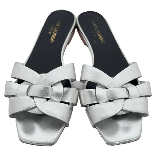 Saint Laurent Tribute Geflochtene Metallische Slides aus Silberleder - Image 4