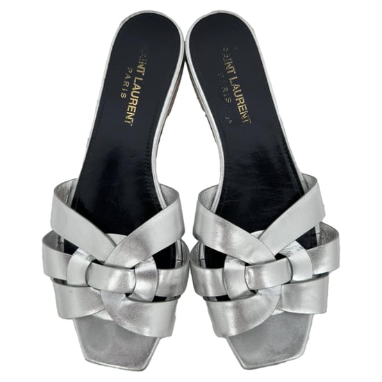 Saint Laurent Tribute Geflochtene Metallische Slides aus Silberleder - Image 5