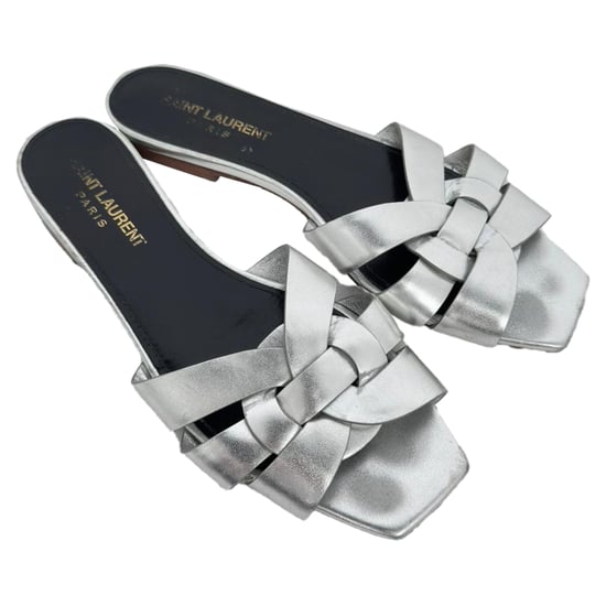 Saint Laurent Tribute Geflochtene Metallische Slides aus Silberleder - Image 6