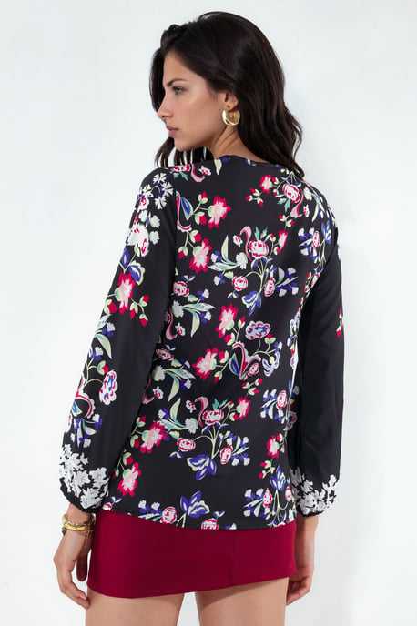 Blumenmuster V-Ausschnitt Crepe Bluse - Image 4