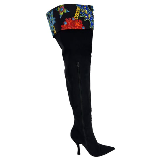 Versace Overknee-Stiefel mit Kristallen aus schwarzer Baumwolle - Image 1