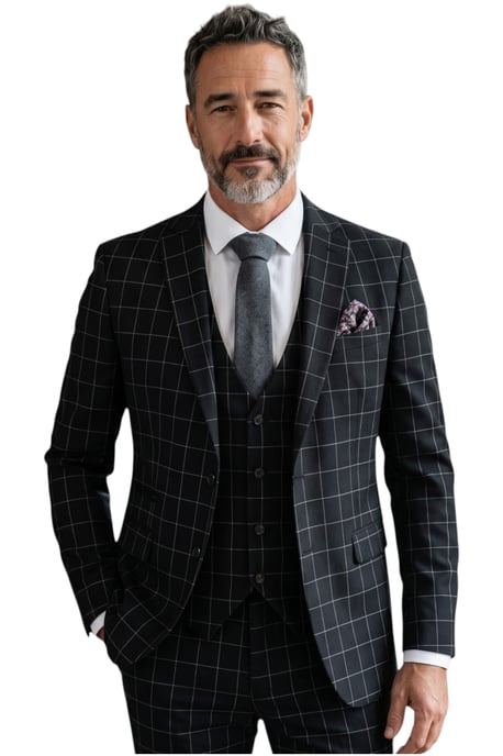 Herren BlackMens karierter 3-teiliger formeller Arbeitsanzug mit maßgeschneiderter Passform – IM3 - Image 1