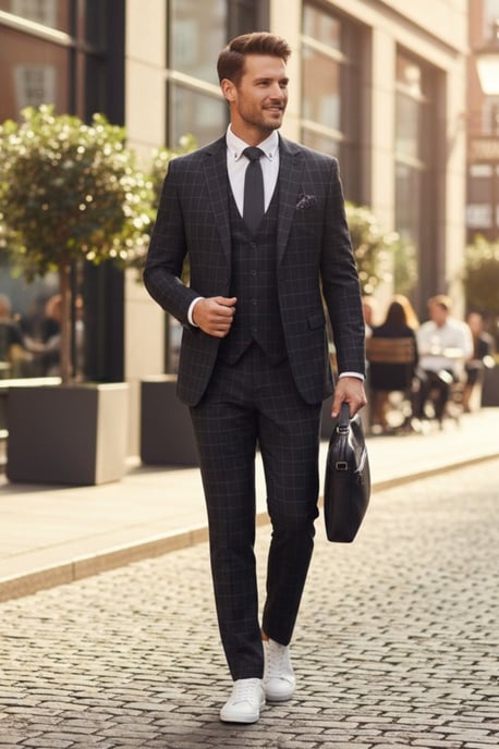 Herren BlackMens karierter 3-teiliger formeller Arbeitsanzug mit maßgeschneiderter Passform – IM3 - Image 3
