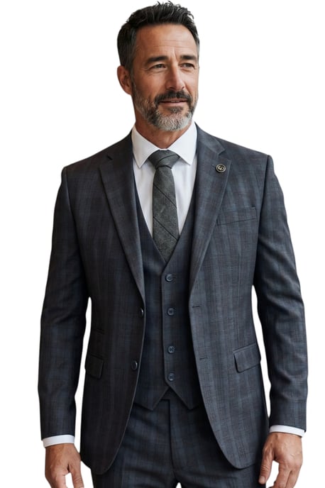 Dreiteiliger Herrenanzug im Prince-of-Wales-Stil, Anthrazit, taillierte Passform - IM31 - Image 1
