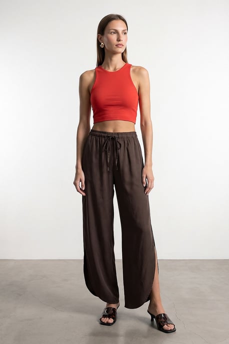 Damen Tencel Weitbeinige Crepe-Hosen mit Schlitz - Image 1