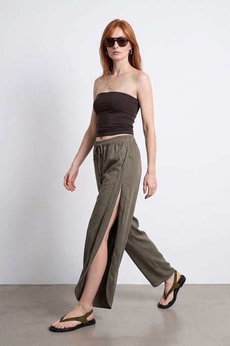 Damen Tencel Weitbeinige Crepe-Hosen mit Schlitz - Image 1