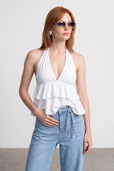 Halterneckt Bluse aus Popeline mit Rüschendetail - Image 2