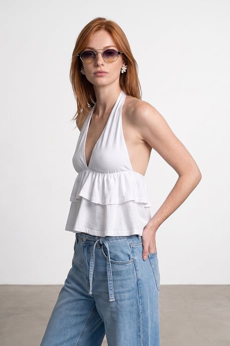 Halterneckt Bluse aus Popeline mit Rüschendetail - Image 4