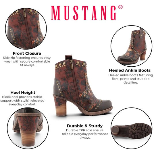 Mustang Damen braune Blumen-Fußstiefel mit Absatz – M0162012 - Image 2