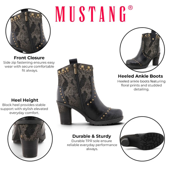 Mustang Damen schwarze Blumen-Fußstiefel mit Absatz – M0162012 - Image 2