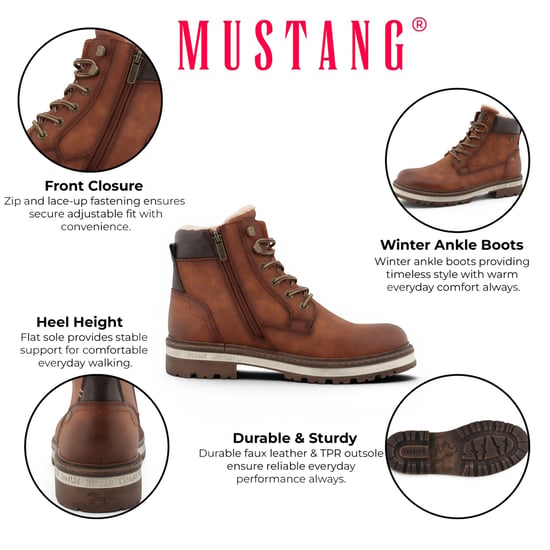 Mustang Herren-Cognac Braunes Kunstleder-Winter-Schnürstiefel – M0091001 - Image 2