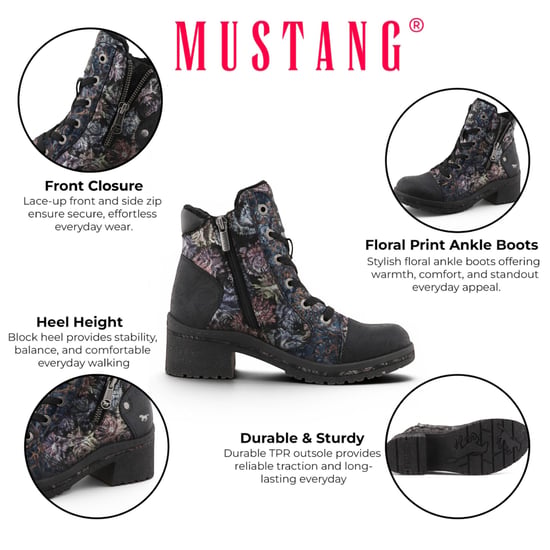 Mustang Damen-Schwarze Blumen-Schnürstiefel im Winter – M0092001 - Image 2