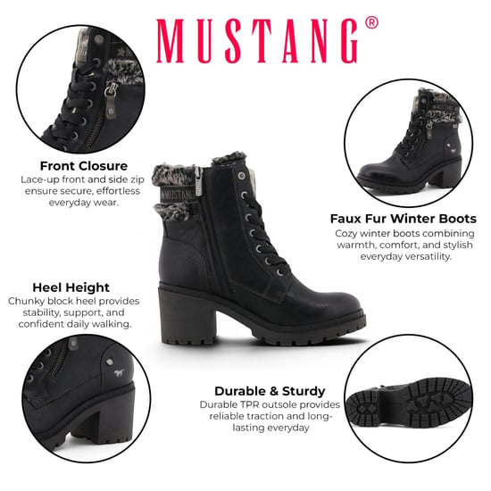 Mustang Damen Schwarze Winter-Warm-Hoër-Schnürstiefel – M0122001 - Image 2