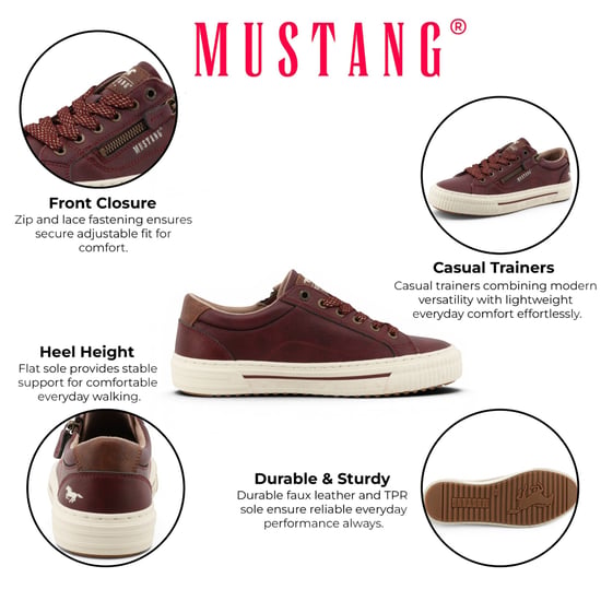 Mustang Damen-Burgundfarbene Kunstleder-Sneaker-Sneaker-Casual-Schuhe – M0112011 - Image 2