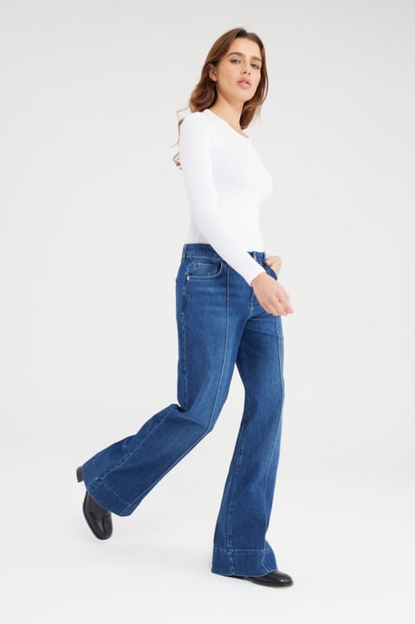 Layla Mid Waist Full Length Pintuck 5 Pocket Jeans Dunkelblau - Image 3