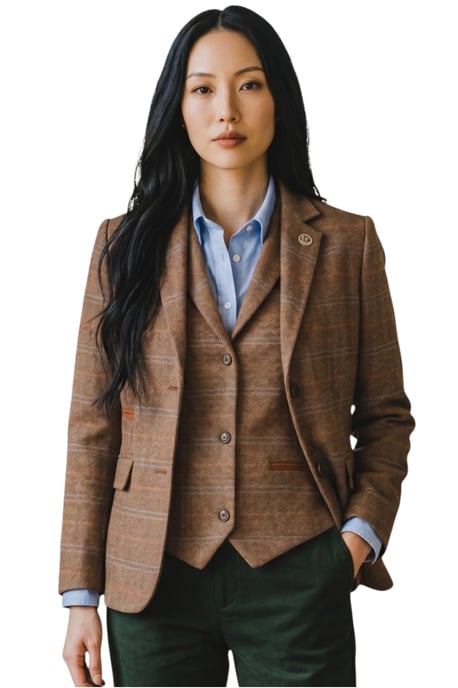 Damen-Eichenbraunes zweiteiliges kariertes formelles Tweed-Blazer und Westenset – TPSTZ-7 - Image 1