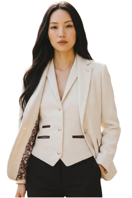 Damen cremefarbenes Fischgrät-Woll-Tweed-Blazer-Jackett-Zweiteiler-Set – WS-1 - Image 1