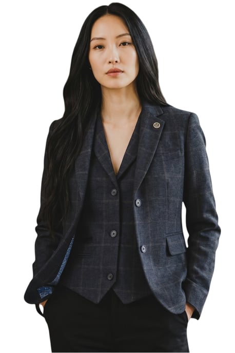 Damen-Marineblau zweiteiliger karierter formeller Tweed-Blazer und Westenset – TPSTZ-7 - Image 1