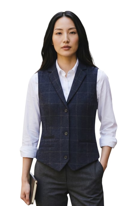 Damen-Marineblau zweiteiliger karierter formeller Tweed-Blazer und Westenset – TPSTZ-7 - Image 5
