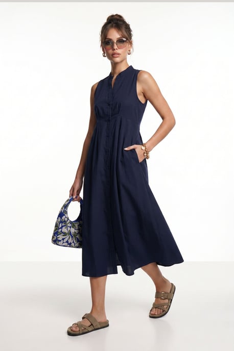 Mandarin-Kragen Ärmelloses A-Linien Midi-Kleid - Image 2
