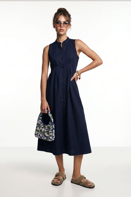 Mandarin-Kragen Ärmelloses A-Linien Midi-Kleid - Image 3