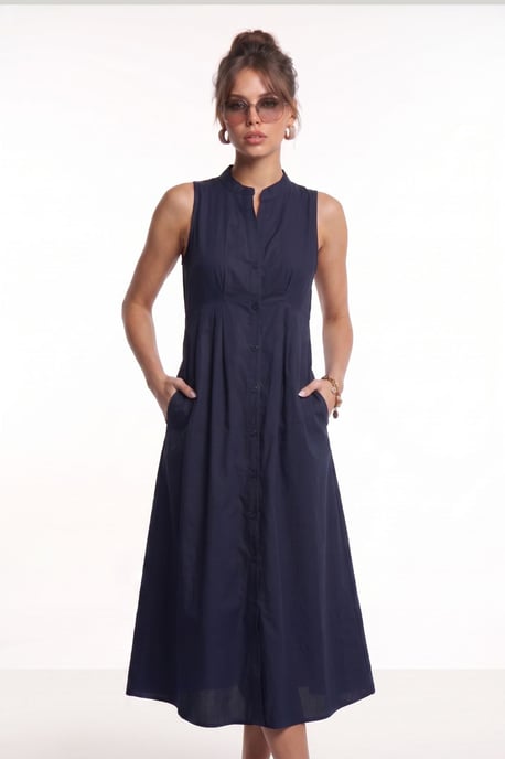 Mandarin-Kragen Ärmelloses A-Linien Midi-Kleid - Image 4