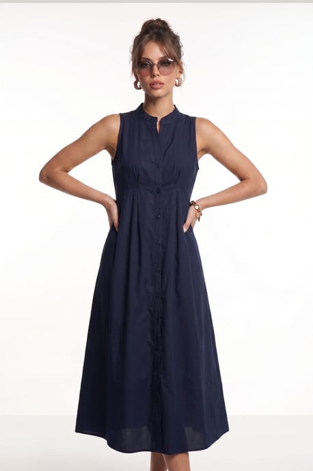 Mandarin-Kragen Ärmelloses A-Linien Midi-Kleid - Image 5