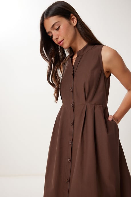 Mandarinkragen Ärmelloses A-linien Midi-Kleid - Image 4