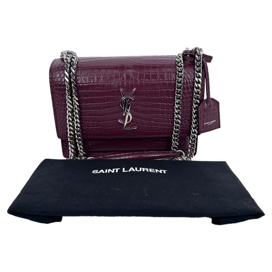 Saint Laurent Medium Sunset Schultertasche aus burgunderrotem Leder mit Krokodilprägung - Image 4
