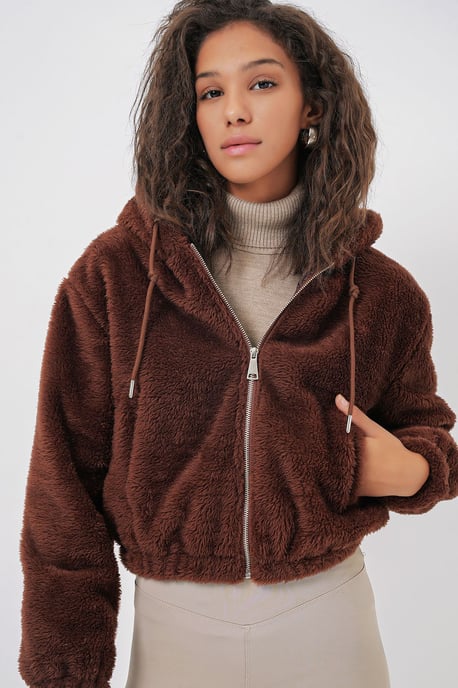 Crop Plüsch Reißverschluss-Front-Hoodie - Image 1