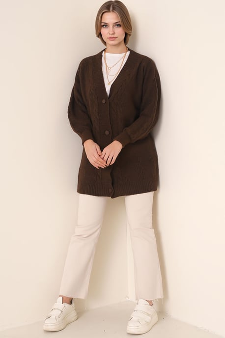 Knopfverschluss V-Ausschnitt Jacquard-Strickjacke - Image 2