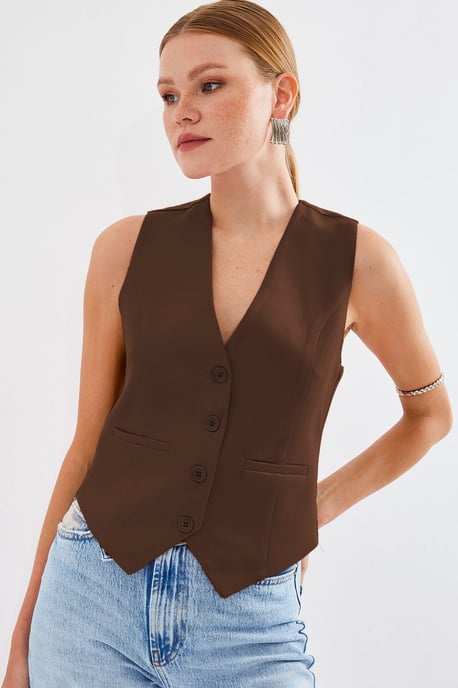 Fitted Buttoned V-Ausschnitt Weste mit Paspeltasche - Image 1