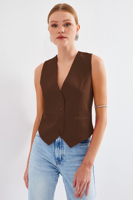Fitted Buttoned V-Ausschnitt Weste mit Paspeltasche - Image 2