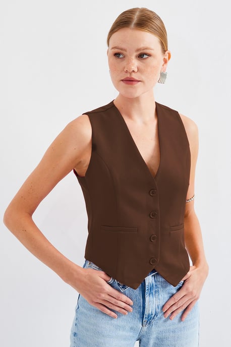 Fitted Buttoned V-Ausschnitt Weste mit Paspeltasche - Image 3