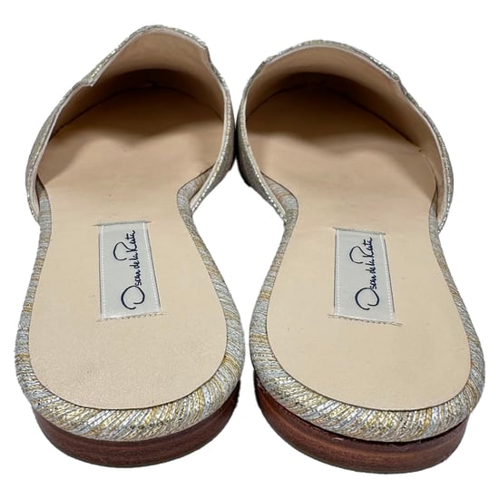 Oscar De La Renta gewebte, metallisch gestreifte Pantoletten aus silbernem Polyester - Image 6
