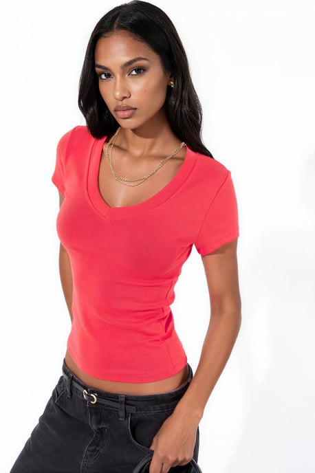 Elastisches V-Ausschnitt Kurzarm-T-Shirt - Image 2