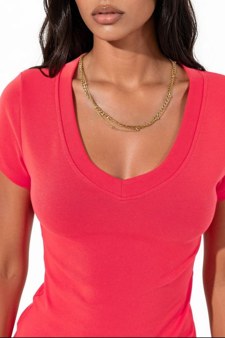 Elastisches V-Ausschnitt Kurzarm-T-Shirt - Image 4