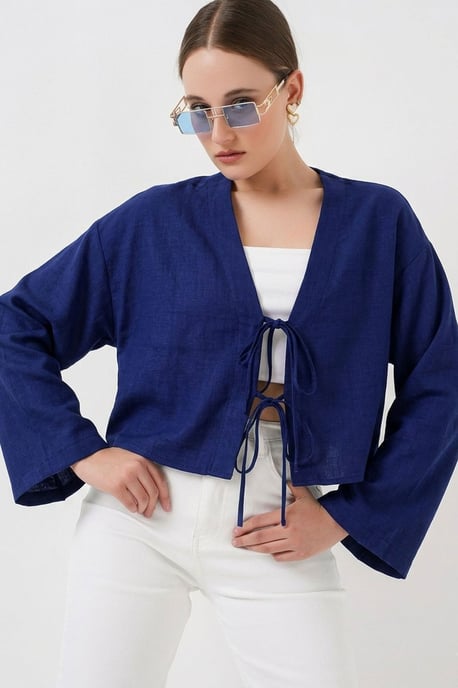 Viskose-Mix V-Ausschnitt Langarm-Kimono mit Bindungsdetails - Image 1
