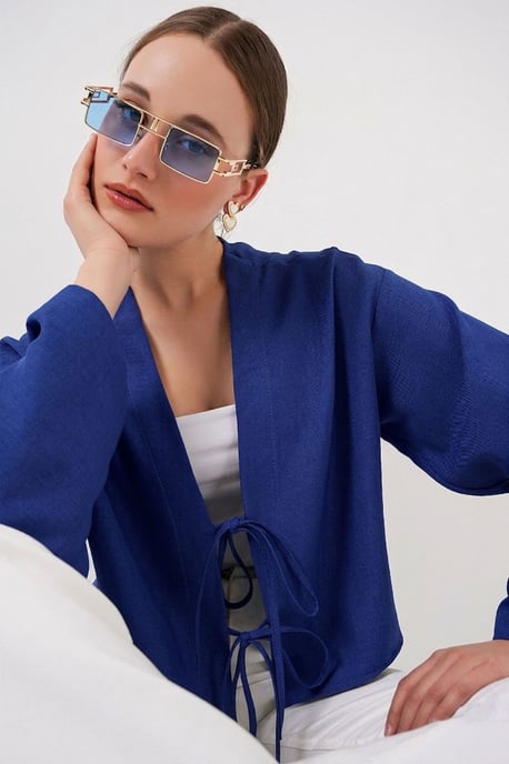 Viskose-Mix V-Ausschnitt Langarm-Kimono mit Bindungsdetails - Image 2