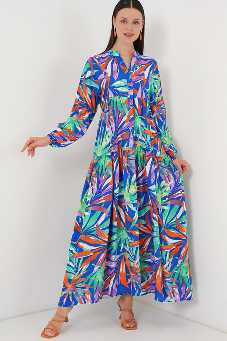 Gemustertes V-Ausschnitt-Maxikleid mit Knopfverschluss - Image 1