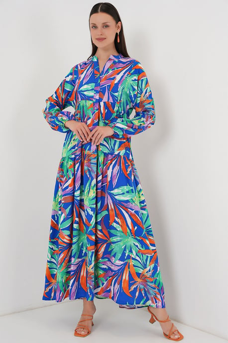 Gemustertes V-Ausschnitt-Maxikleid mit Knopfverschluss - Image 3