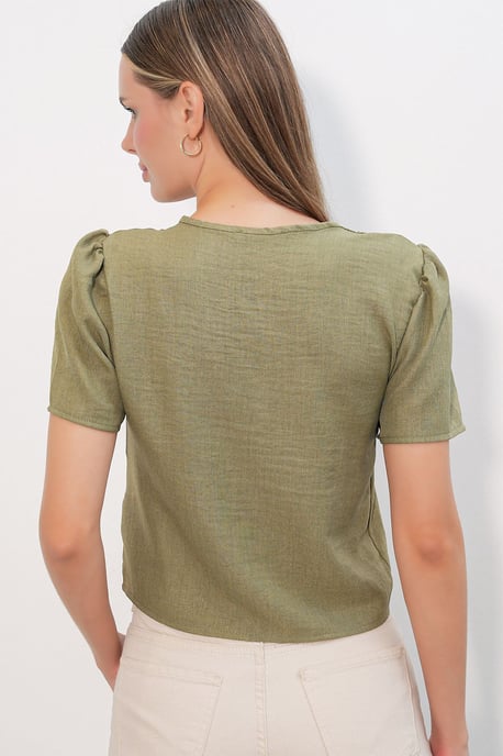 Strukturiertes V-Ausschnitt Leinen-Mix Crop Top - Image 6