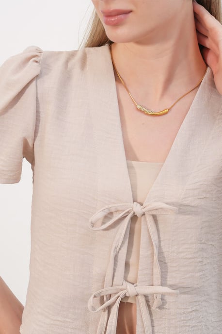 Strukturiertes V-Ausschnitt Leinen-Mix Crop Top - Image 5