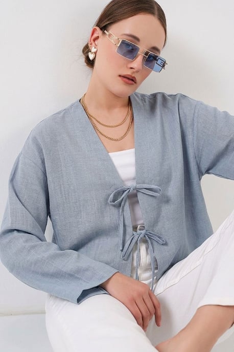 Viskose-Mix V-Ausschnitt Langarm-Kimono mit Bindungsdetails - Image 1