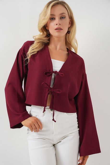 Viskose-Mix V-Ausschnitt Langarm-Kimono mit Bindungsdetails - Image 1