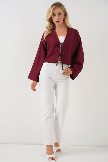 Viskose-Mix V-Ausschnitt Langarm-Kimono mit Bindungsdetails - Image 2